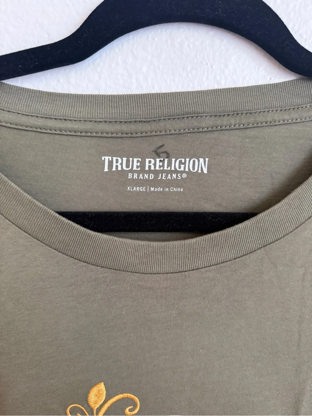 True Religion Olive Short-Sleeve Tee with Yellow & White Graphic